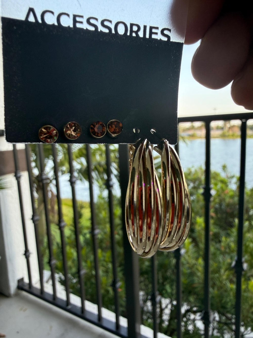 Accessorize Gold-Tone Multi-Row Hoop Earrings with Amber Studs